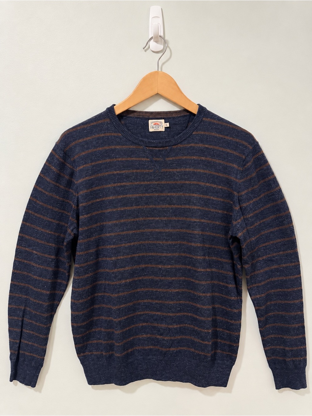 Faherty Brand Cotton Cashmere Striped Crewneck Sweater Navy Brown Size Small